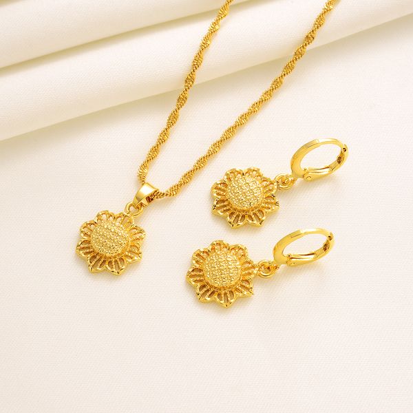 Elegant sunflower pendant necklace with matching earrings in genuine 24k yellow gold
