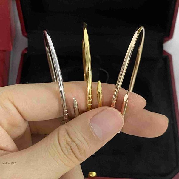 Elegant thin nail bracelet, smooth steel bangle for ladies in gold or rose gold, jewelry gift with box