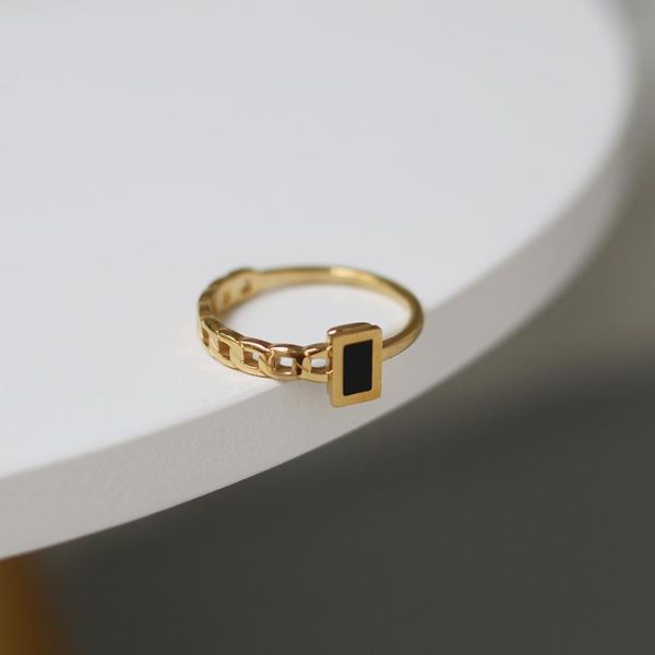 Elegant vintage cluster rings in stainless steel and 18k gold, hypoallergenic with asymmetric thin patchwork chain and black square design for women