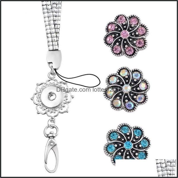 Elegant women's office lanyard necklace featuring 3 rhinestone snap charms for ID badges