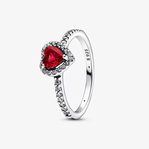 Elevated Red Heart Ring in genuine 925 sterling silver, a luxurious women's stacking ring featuring crystal diamond hearts, perfect for weddings