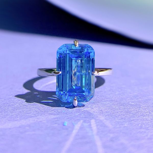 Emerald-cut aquamarine ring in genuine 925 sterling silver, perfect for weddings, parties, and engagements, a stylish jewelry gift for women and men