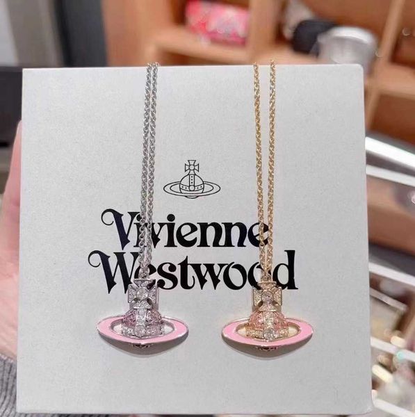 Empress Dowager West Pink Enamel Saturn Chain Necklace with Diamonds and Dripping Glue for Women Light Luxury Fashion Pendant Explosion