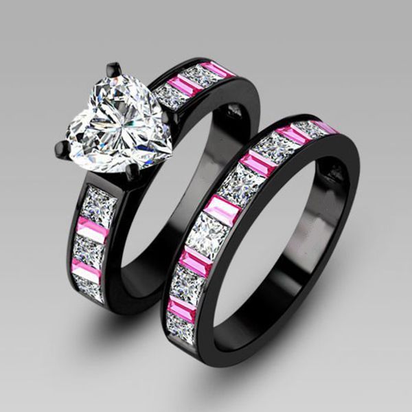 Engagement set featuring a pink sapphire and diamond 10KT black gold filled 2-in-1 women's wedding band ring in sizes 5-11, perfect as a gift