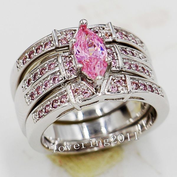 Engagement set featuring Marquise-cut pink 5A zircon stones in 14KT white gold-filled triple wedding bands, sizes 5-11