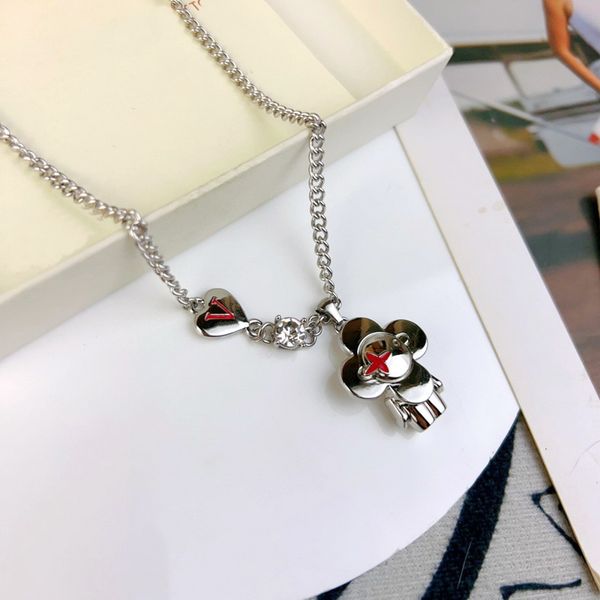 Europe America Fashion Style Love Cartoon Necklace Men Lady Women Silver-colour Metal Engraved Letter V Red Enamel Cartoon Charm M01295