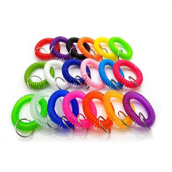 EVA plastic stretch wristband keyrings with coil spring design for gym, pool, ID badges, and fashion accessories