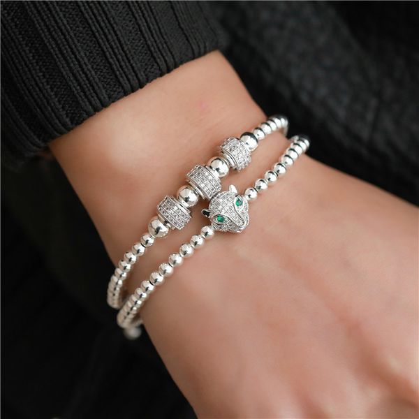 Factory Design CZ Leopard Head Charm Bracelet Colorful 4MM Copper Beads Strands Bracelets 2pcs/set
