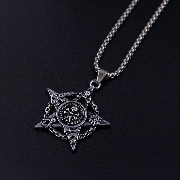 Fashionable 2021 retro pendant necklaces featuring five-pointed star and pirate skull designs in titanium steel, perfect as couple gifts for Tanabata, holidays, or parties