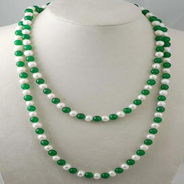 Fashionable 8mm round necklace with freshwater pearls and green jade, 45 inches long