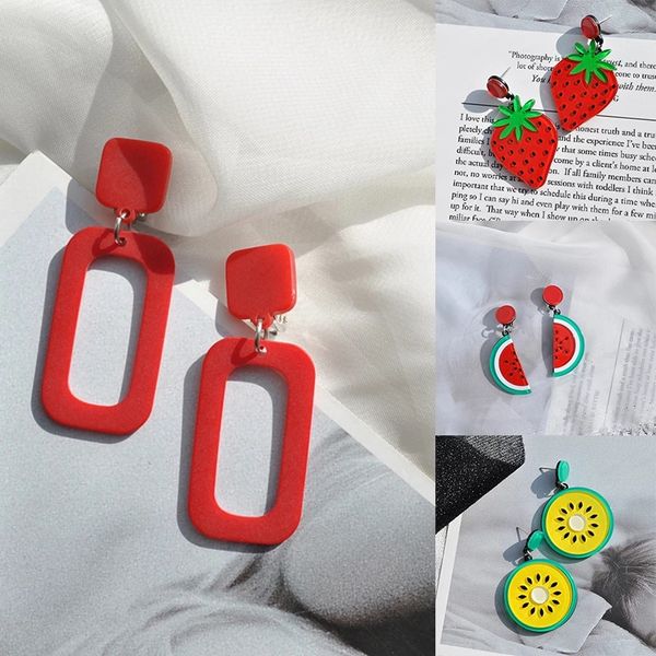 Fashionable acrylic fruit drop earrings featuring sweet strawberry, lemon, and watermelon designs, perfect as dangle earrings for women and girls, ideal for Christmas gifts