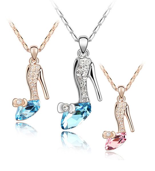 Fashionable Austrian crystal shoe pendant necklaces with silver and gold chains, featuring rhinestone high-heel charms for women's jewelry