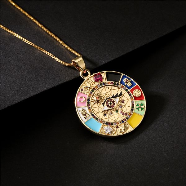 Fashionable Bohemian pendant necklace with colorful enamel and zirconia accents on copper