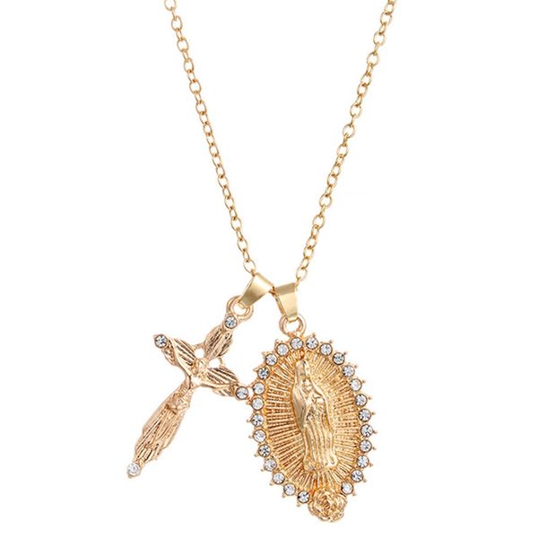 Fashionable Catholic pendant necklace featuring Jesus on the cross and Virgin Mary, a symbol of religious faith