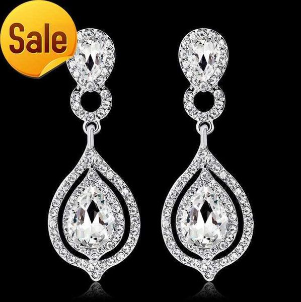 Fashionable crystal wedding jewelry for brides featuring full rhinestone water drop cubic zirconia studs and dangle earrings, perfect as a women's party gift