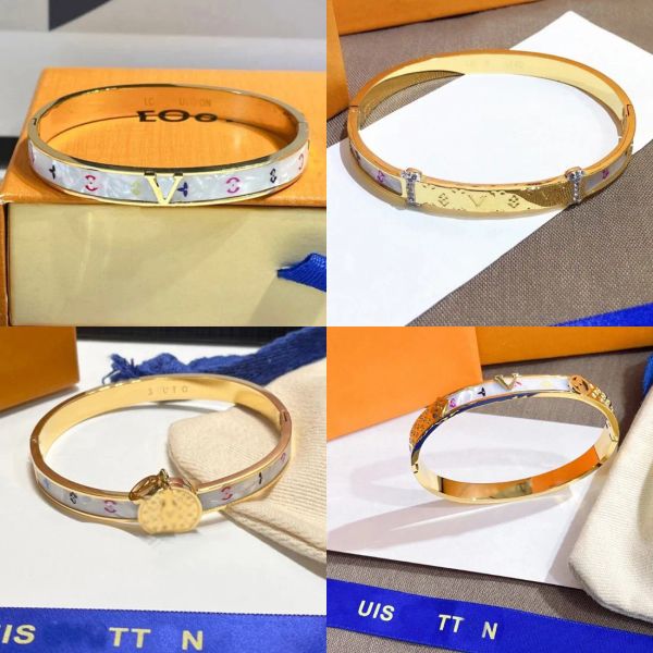 Fashionable designer bangle bracelet with crystal letters, 18K gold-plated stainless steel, stylish jewelry for men and women, model S287
