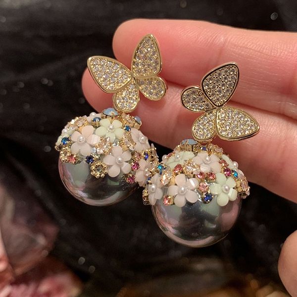 Fashionable designer butterfly earrings with sparkling diamond zirconia, copper pearls, and a gift box for women and girls