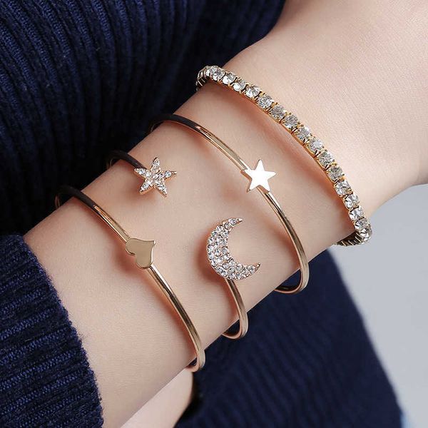 Fashionable five-pointed star and moon open bracelet set for creative women