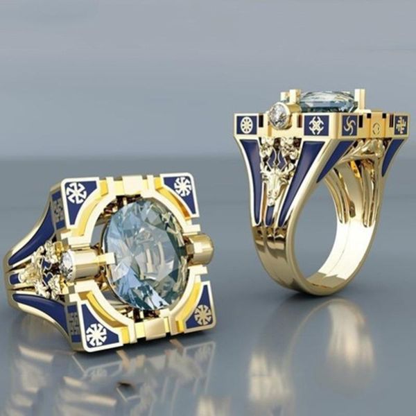 Fashionable geometric gold rings for men featuring Buddhist chakra designs with henna-inspired zircon stone clusters