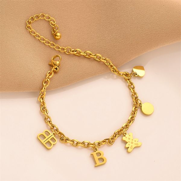 Fashionable gold BB bear charm bracelet with stainless steel chain, perfect as a women's jewelry gift