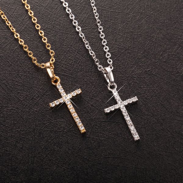 Fashionable gold crystal cross pendant necklace for men and women, available wholesale