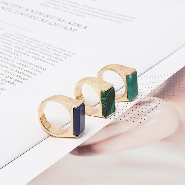 Fashionable gold malachite rectangle cluster rings for women, 1.7cm inner diameter