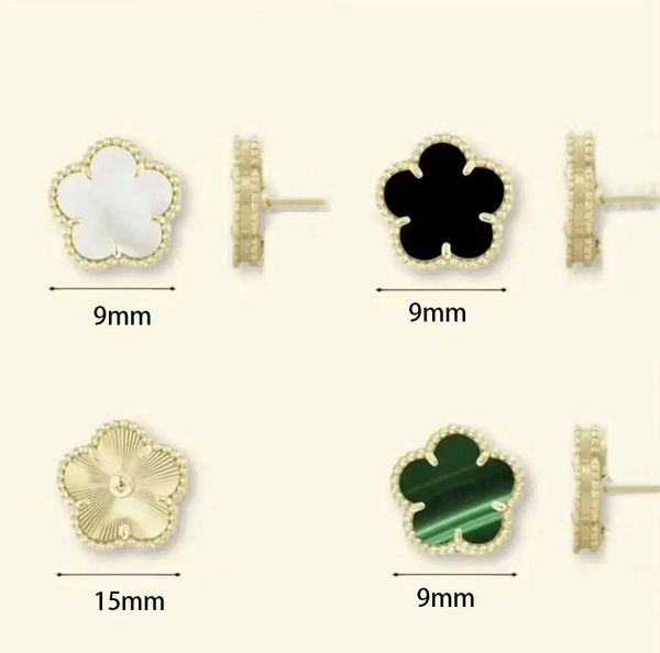 Fashionable gold stud earrings featuring 9mm and 15mm four-leaf clover designs, elegant luxury jewelry for women