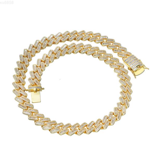 Fashionable gold-plated body chain with iced-out baguette diamonds, featuring a two-tone 10mm Miami Cuban link necklace in sterling silver