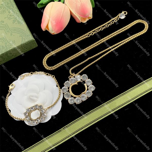 Fashionable gold-tone diamond letter necklace and bracelet set with crystal accents, a stylish jewelry gift for women and girls, elegantly boxed