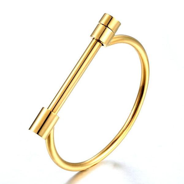 Fashionable men's bangle featuring horseshoe and screw design, available in gold, silver, rose, and black stainless steel, suitable for both men and women