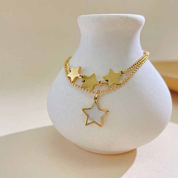 Fashionable minimalist pearl oyster star bracelet with dual-layer stainless steel chain, gold-plated, 8.5 inches plus 5 cm extension