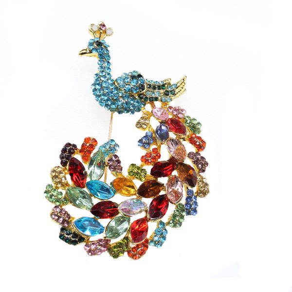 Fashionable multicolored crystal peacock brooch with gold plating, a charming animal-themed pin for women, perfect as a gift