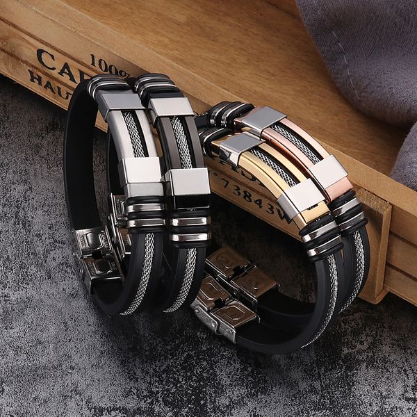 Fashionable punk-inspired black silicone and stainless steel charm bracelets for both genders