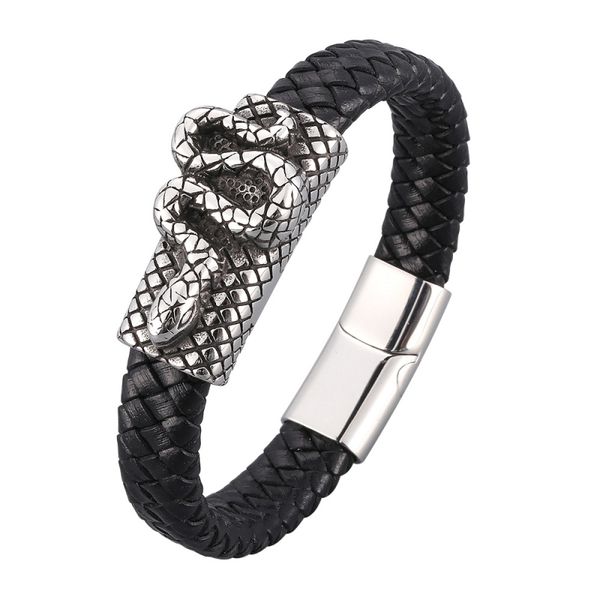 Fashionable stainless steel snake charm on genuine leather bracelet