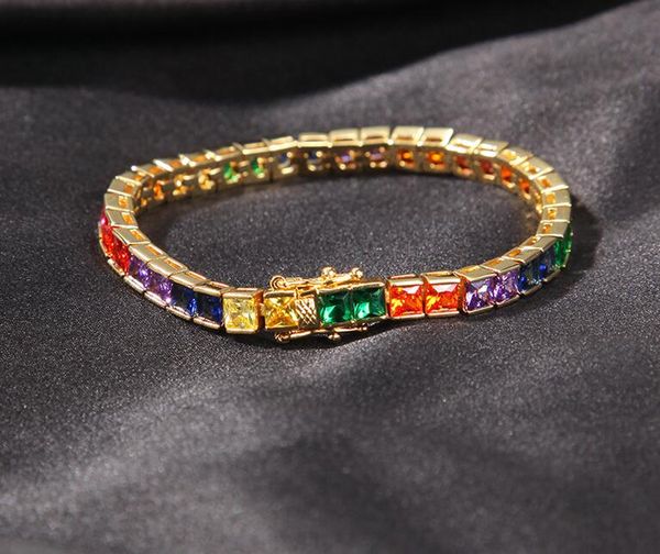 Fashionable unisex hip-hop tennis bracelet with copper inlay and colored square zircon stones for men and women