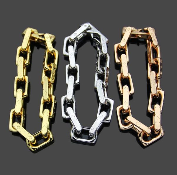 Fashionable unisex men's designer V bracelets featuring gold square link chains in colored titanium steel jewelry