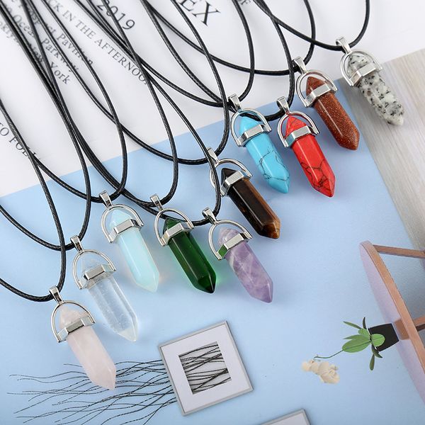 Fashionable women's bohemian necklace featuring a natural crystal stone hexagonal quartz pendant