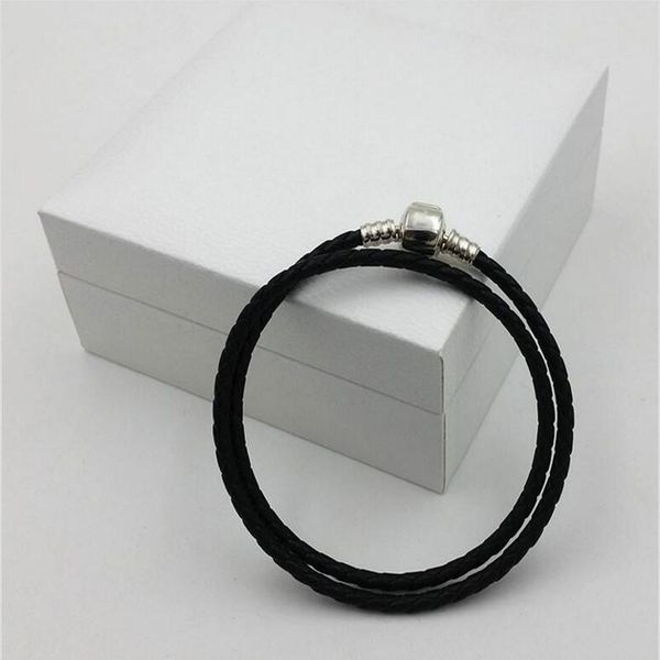 Fashionable women's bracelets crafted from 925 sterling silver with real black double-layer leather, compatible with Pandora charms and beads, also suitable for men as stylish bangle bracelets