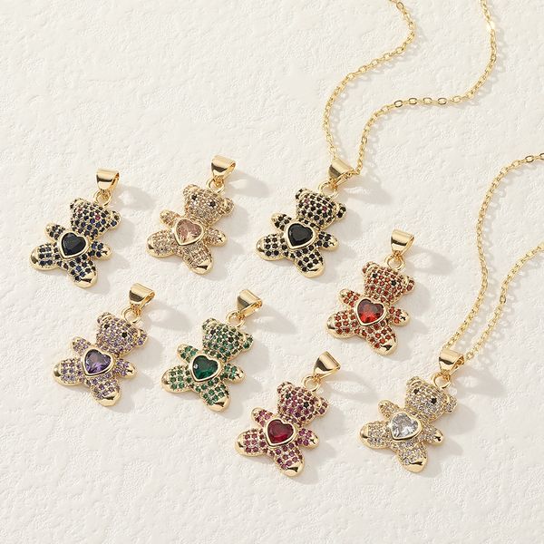 Fashionable women's necklace featuring a bear pendant with intricate micro pave copper detailing