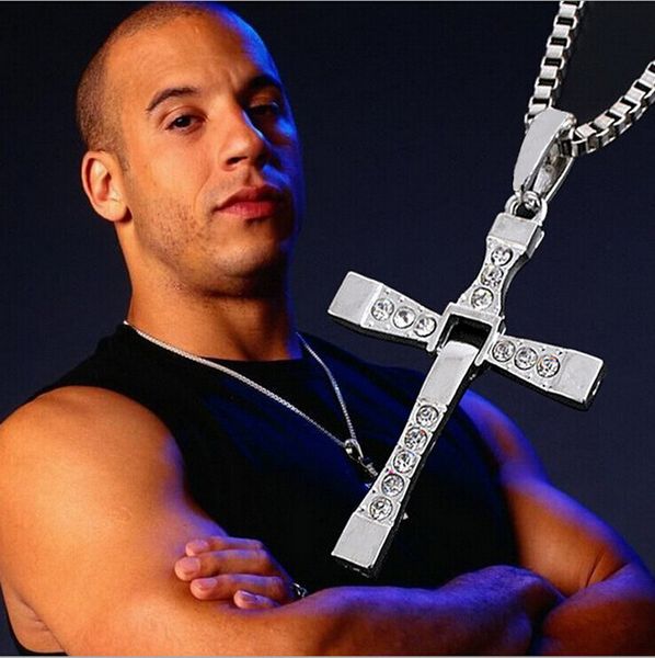 Fast and Furious-inspired cross necklaces with classic rhinestone detailing, available in silver for men