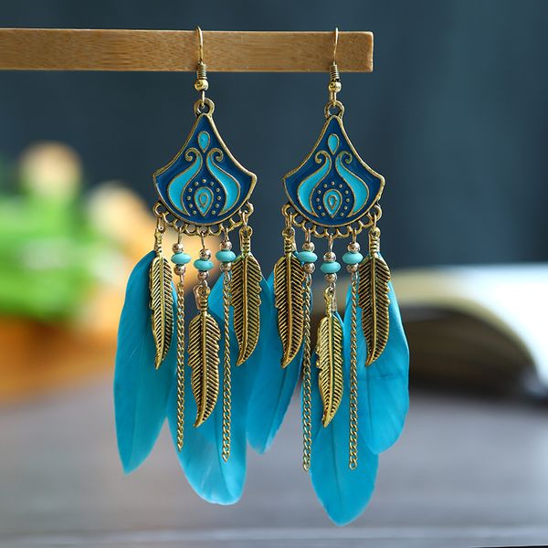 Feather earrings for ladies with long bohemian tassels, colorful beaded vintage enamel ethnic jewelry, free DHL shipping