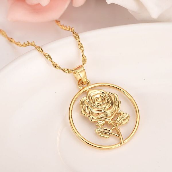 Fine gold-filled lucky jewelry set featuring large golden earrings and a pendant necklace with rose flower design for women