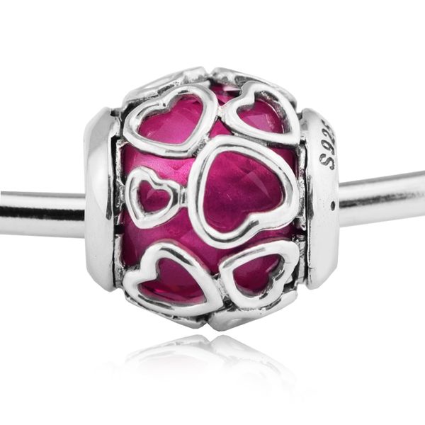 Fits Pandora bracelets with cerise love-encased silver beads and DIY charms made of 925 sterling silver