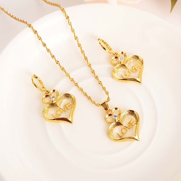 Flash LOVE heart pendant necklace with rhinestone crystal jewelry set in 18k gold-plated or gold-filled with CZ for girls