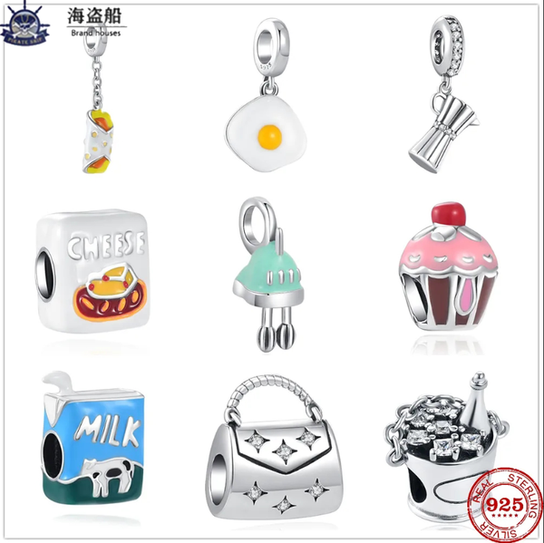 For genuine 925 silver charm beads featuring whisk, egg, chicken roll, and beer designs