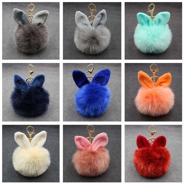 Free shipping adorable rabbit ear fur ball keychain pendant gift mix lot of 20 key rings GSKR278