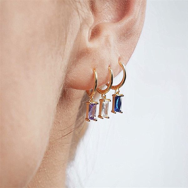 French INS Stud Geometric Rectangular Zircon Earrings in Real Gold Electroplating, Stylish and Versatile Jewelry Gift