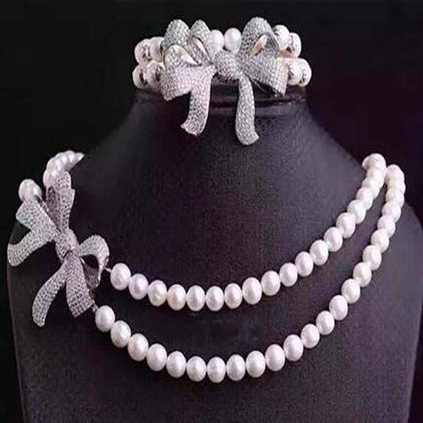 Freshwater pearl necklace and bracelet set with zircon bowknot design, 8-9mm size