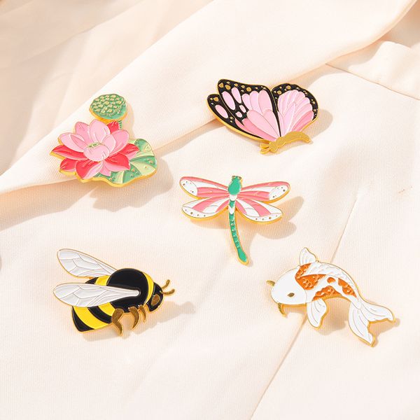 Funny Animal Brooch Set with 5 pieces including plant, butterfly, bee, fish, and dragonfly designs, featuring enamel paint and gold plating, perfect as lapel pins or shirt jewelry gifts for girls