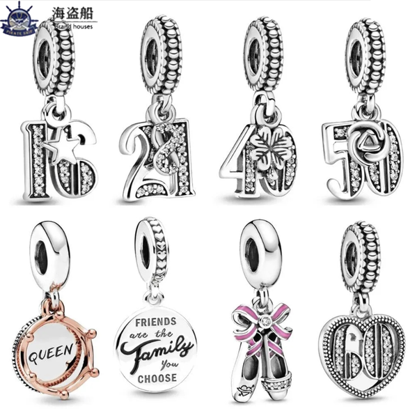Genuine 925 silver charm beads for elegant bracelet designs by Bead Queen, available in sizes 21, 40, 50, and 60 with pendant options